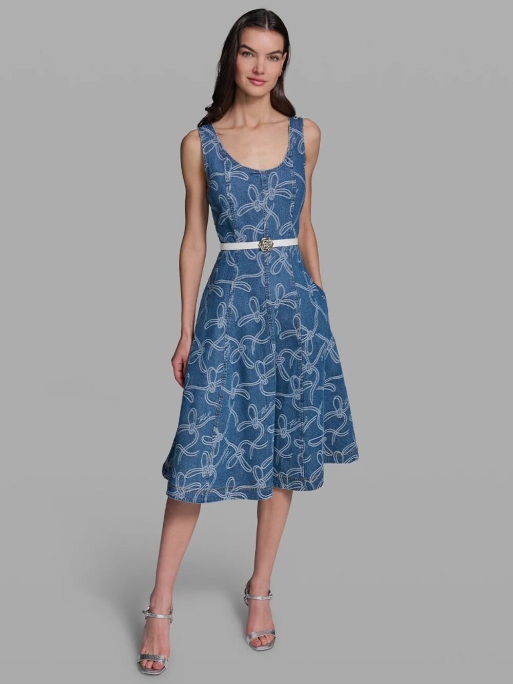 KARL LAGERFELD SLEEVELESS BOW JACQUARD DENIM DRESS